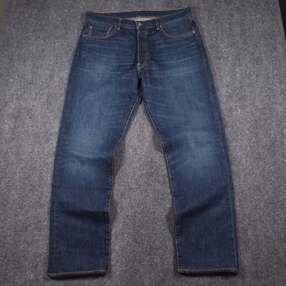 Buck Mason Ford Standard Jeans Mens 34x31 Indigo Blue Button Fly Straight Leg